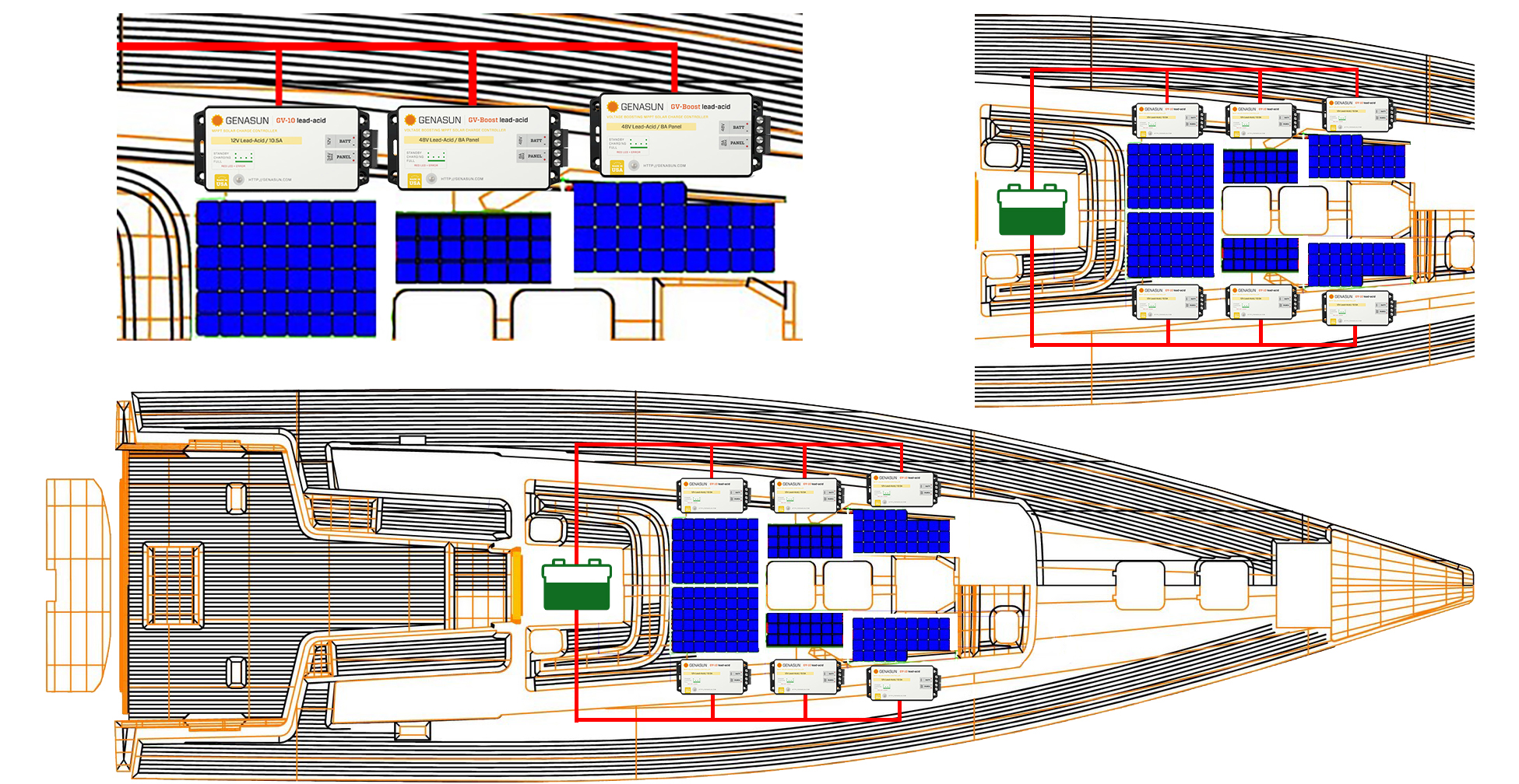 Diagram of Genasun MPPT solar charge controllers connected to solar panels and battery on sailboats